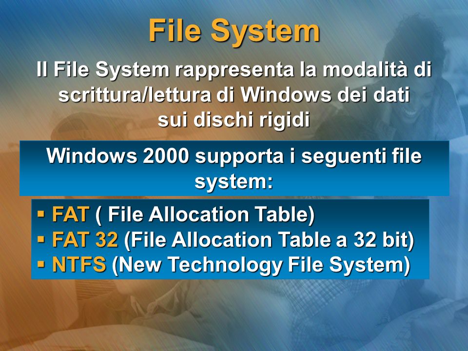Windows 2000 supporta i seguenti file system: