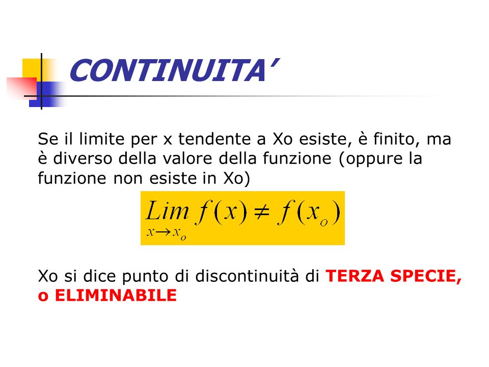 CONTINUITA’ Se il limite per x tendente a Xo esiste, è finito, ma è diverso della valore della funzione (oppure la funzione non esiste in Xo)