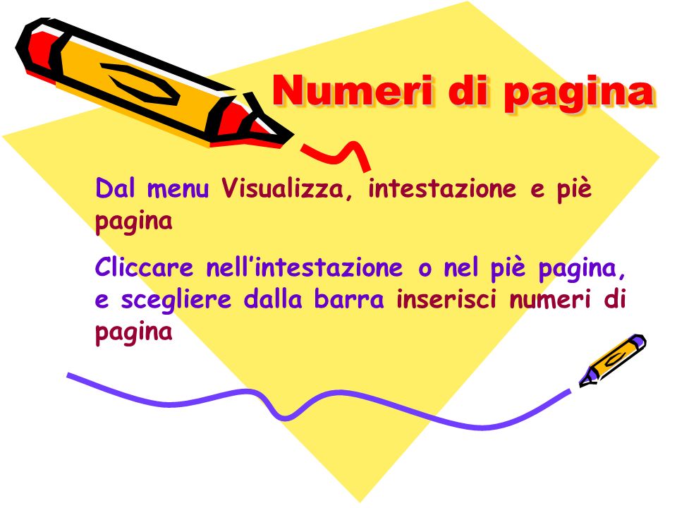Numeri di pagina Dal menu Visualizza, intestazione e piè pagina