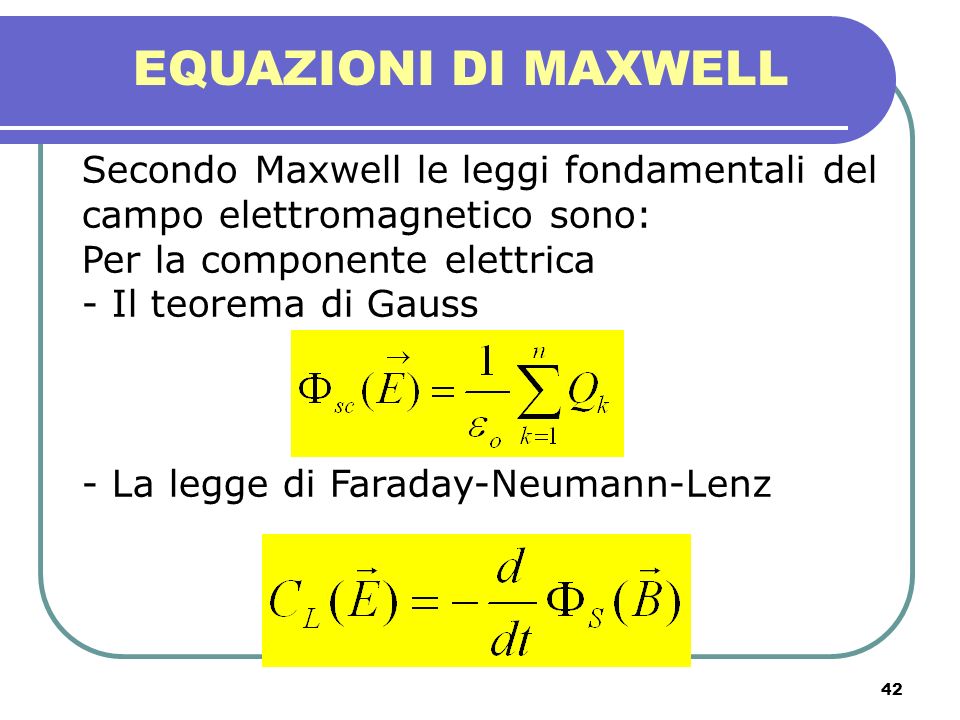 EQUAZIONI DI MAXWELL Secondo Maxwell le leggi fondamentali del campo elettromagnetico sono: Per la componente elettrica.