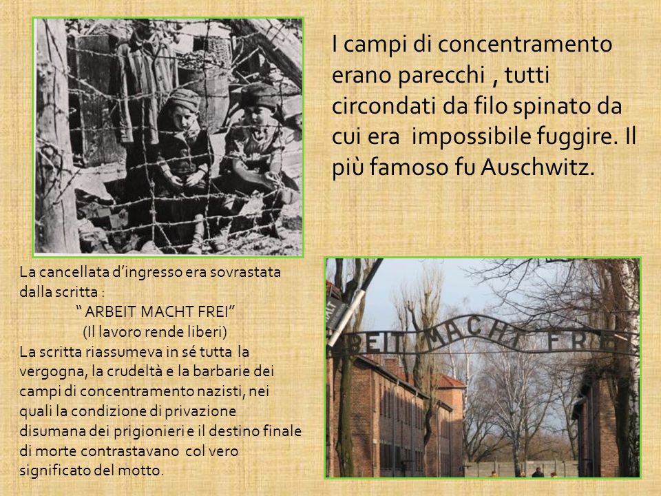 I campi di concentramento erano parecchi , tutti circondati da filo spinato da cui era impossibile fuggire. Il più famoso fu Auschwitz.