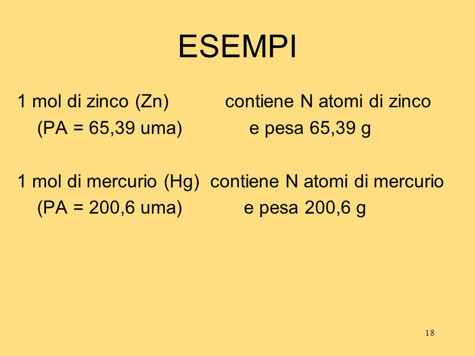 ESEMPI 1 mol di zinco (Zn) contiene N atomi di zinco