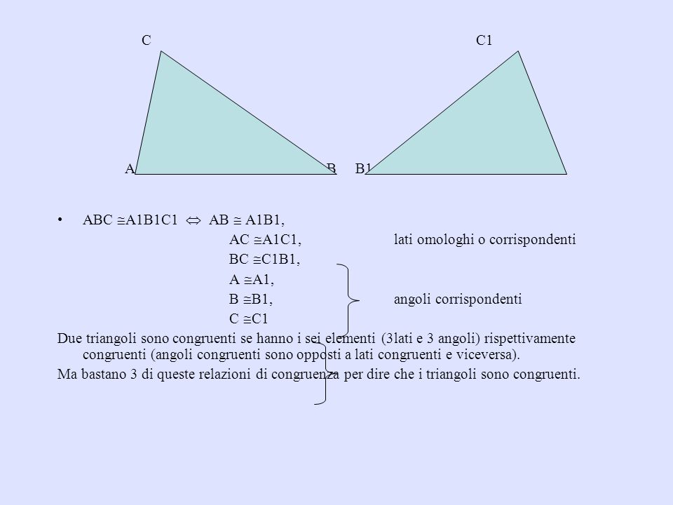 C C1 A B B1 A1. ABC A1B1C1  AB  A1B1, AC A1C1, lati omologhi o corrispondenti.