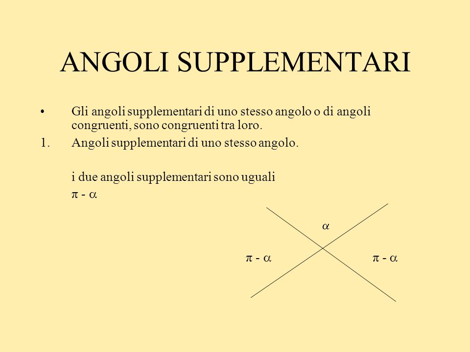 ANGOLI SUPPLEMENTARI Gli angoli supplementari di uno stesso angolo o di angoli congruenti, sono congruenti tra loro.