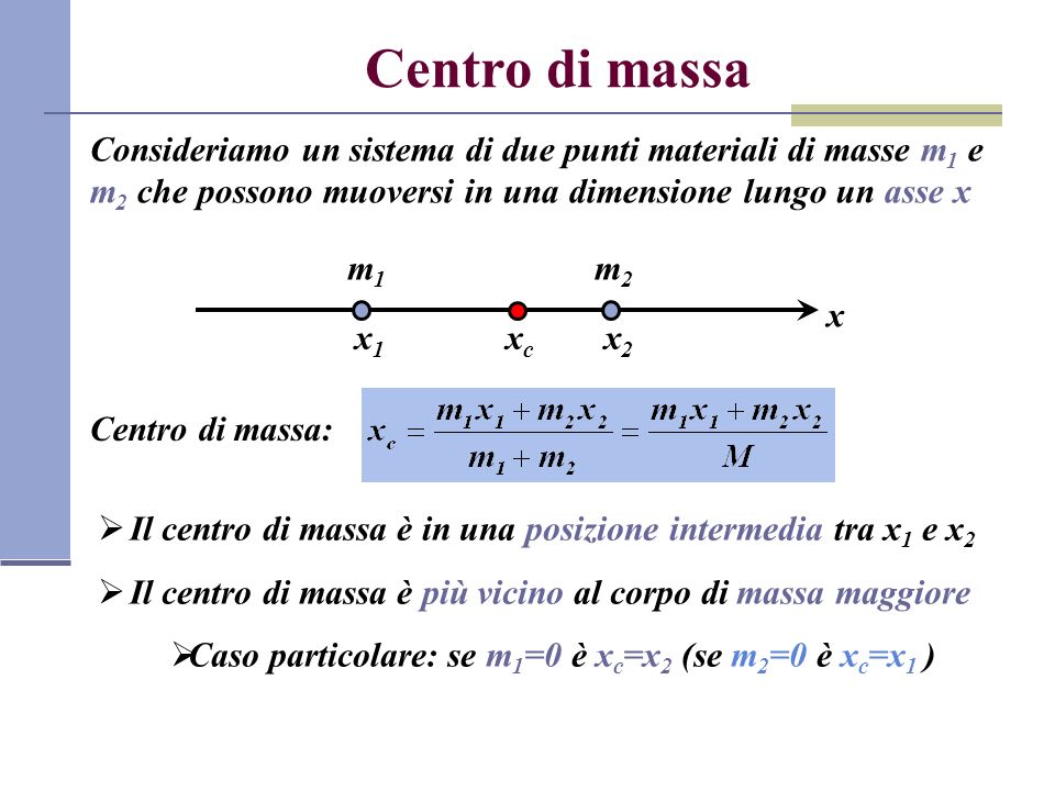 Centro di massa Consideriamo un sistema di due punti materiali di masse m1 e m2 che possono muoversi in una dimensione lungo un asse x.