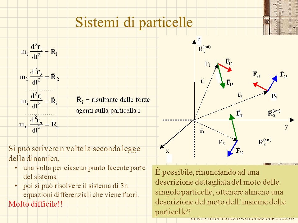 Sistemi di particelle Si può scrivere n volte la seconda legge della dinamica, una volta per ciascun punto facente parte del sistema.