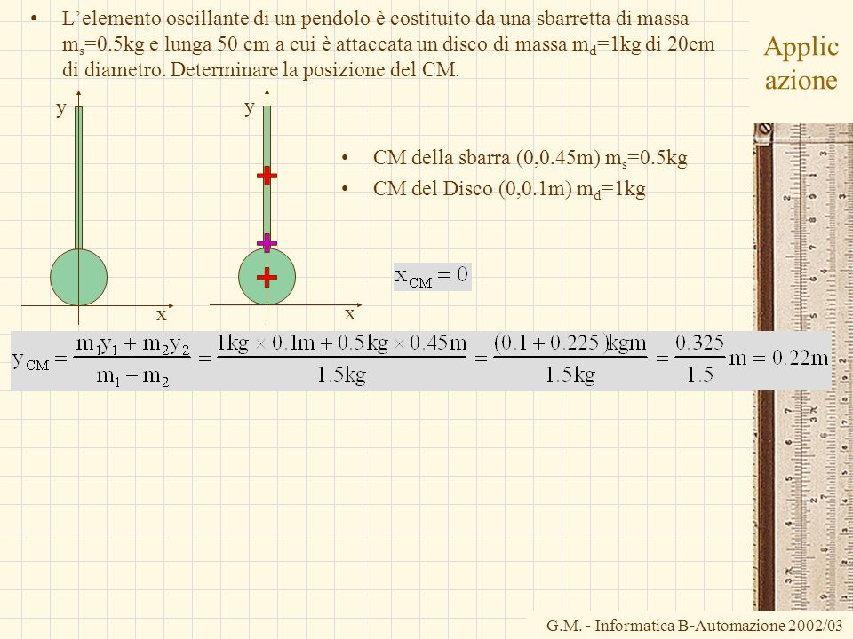 L’elemento oscillante di un pendolo è costituito da una sbarretta di massa ms=0.5kg e lunga 50 cm a cui è attaccata un disco di massa md=1kg di 20cm di diametro. Determinare la posizione del CM.