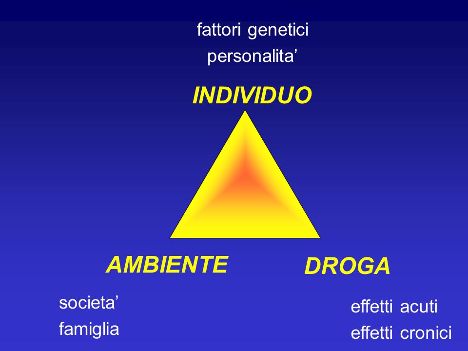 INDIVIDUO AMBIENTE DROGA fattori genetici personalita’ societa’