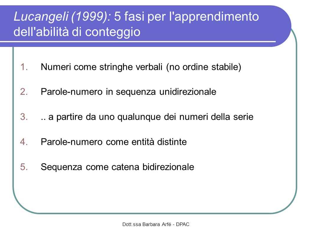 Lucangeli (1999): 5 fasi per l apprendimento dell abilità di conteggio