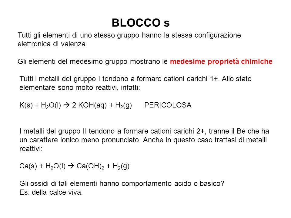 BLOCCO s Tutti gli elementi di uno stesso gruppo hanno la stessa configurazione elettronica di valenza.