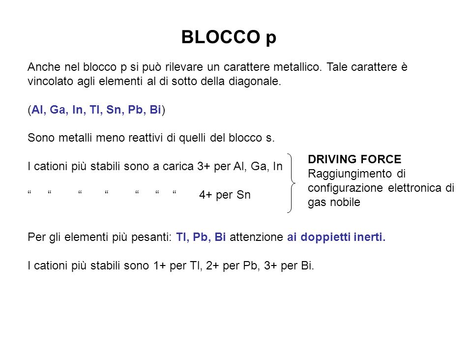 BLOCCO p Anche nel blocco p si può rilevare un carattere metallico. Tale carattere è vincolato agli elementi al di sotto della diagonale.