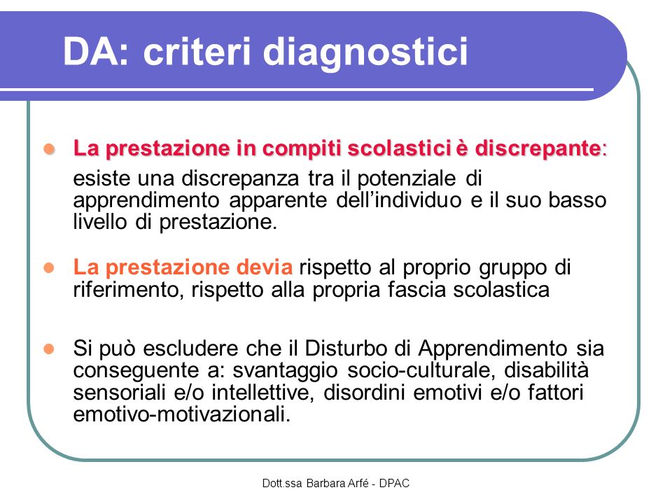 DA: criteri diagnostici