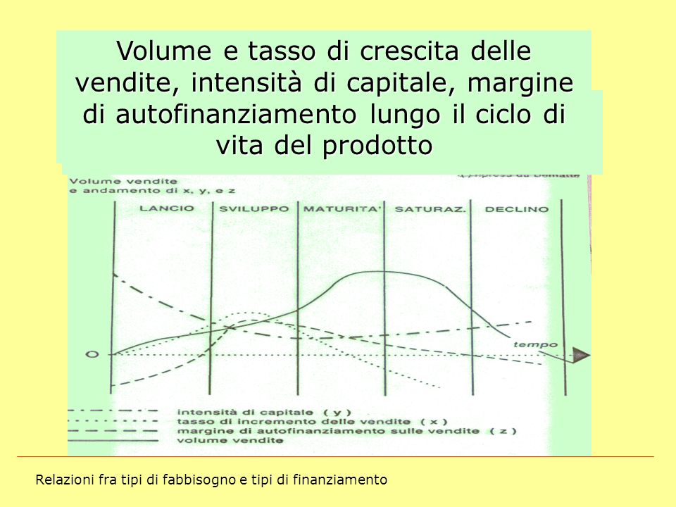 Volume e tasso di crescita delle vendite, intensità di capitale, margine di autofinanziamento lungo il ciclo di vita del prodotto