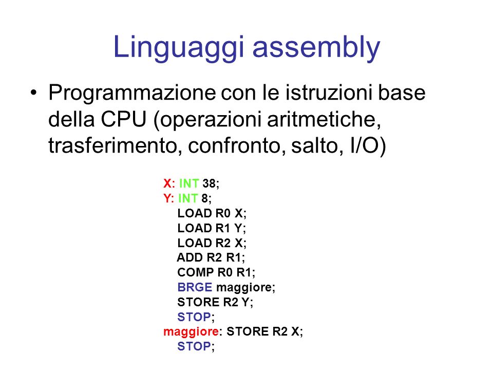 Linguaggi assembly Programmazione con le istruzioni base della CPU (operazioni aritmetiche, trasferimento, confronto, salto, I/O)