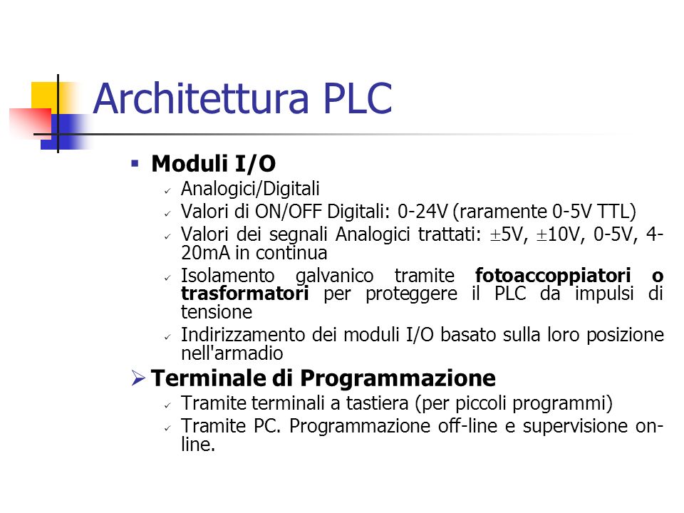 Architettura PLC Moduli I/O Terminale di Programmazione