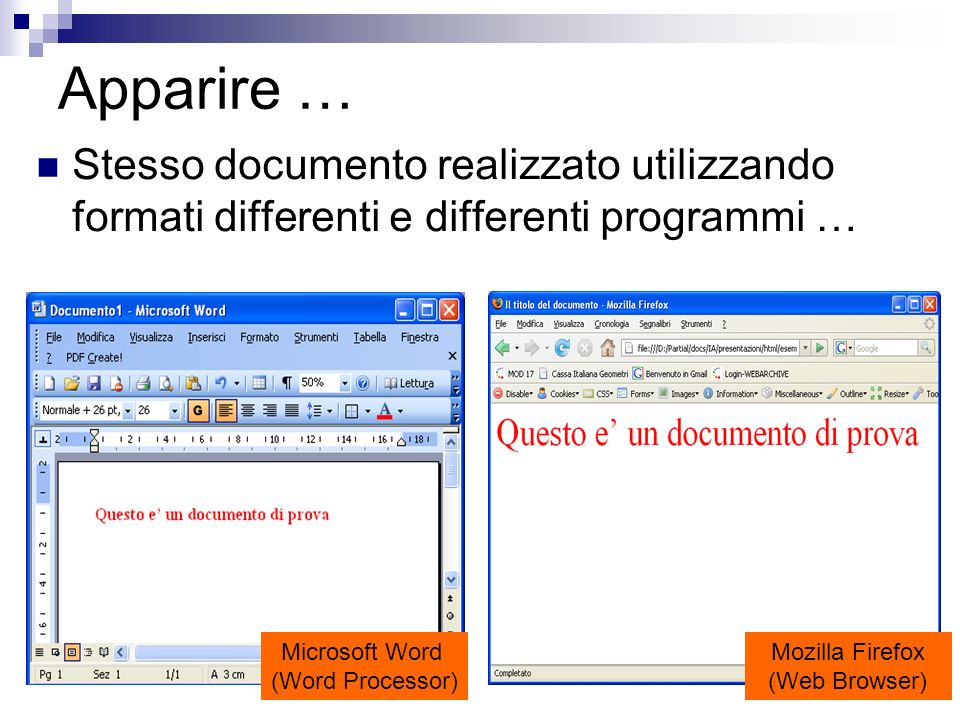 Apparire … Stesso documento realizzato utilizzando formati differenti e differenti programmi … Microsoft Word.
