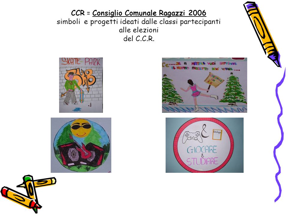 CCR = Consiglio Comunale Ragazzi 2006 simboli e progetti ideati dalle classi partecipanti alle elezioni del C.C.R.