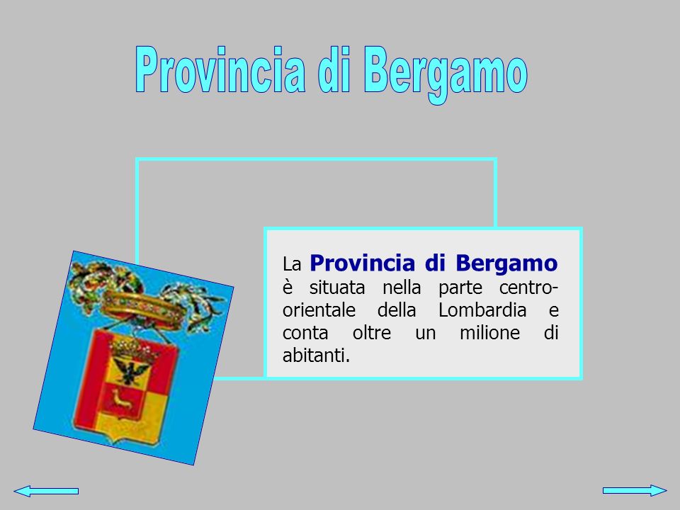 Provincia di Bergamo La Provincia di Bergamo è situata nella parte centro-orientale della Lombardia e conta oltre un milione di abitanti.