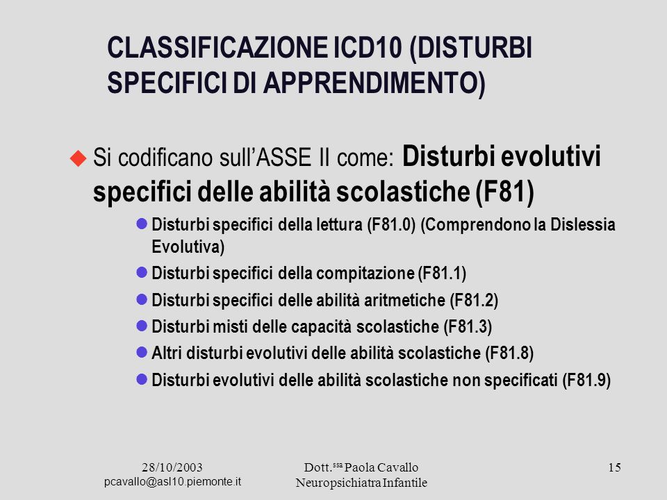 CLASSIFICAZIONE ICD10 (DISTURBI SPECIFICI DI APPRENDIMENTO)