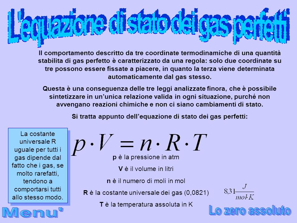 L equazione di stato dei gas perfetti Lo zero assoluto Menu