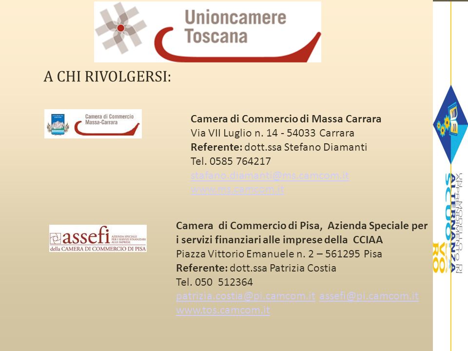 A CHI RIVOLGERSI: Camera di Commercio di Massa Carrara Via VII Luglio n Carrara Referente: dott.ssa Stefano Diamanti.
