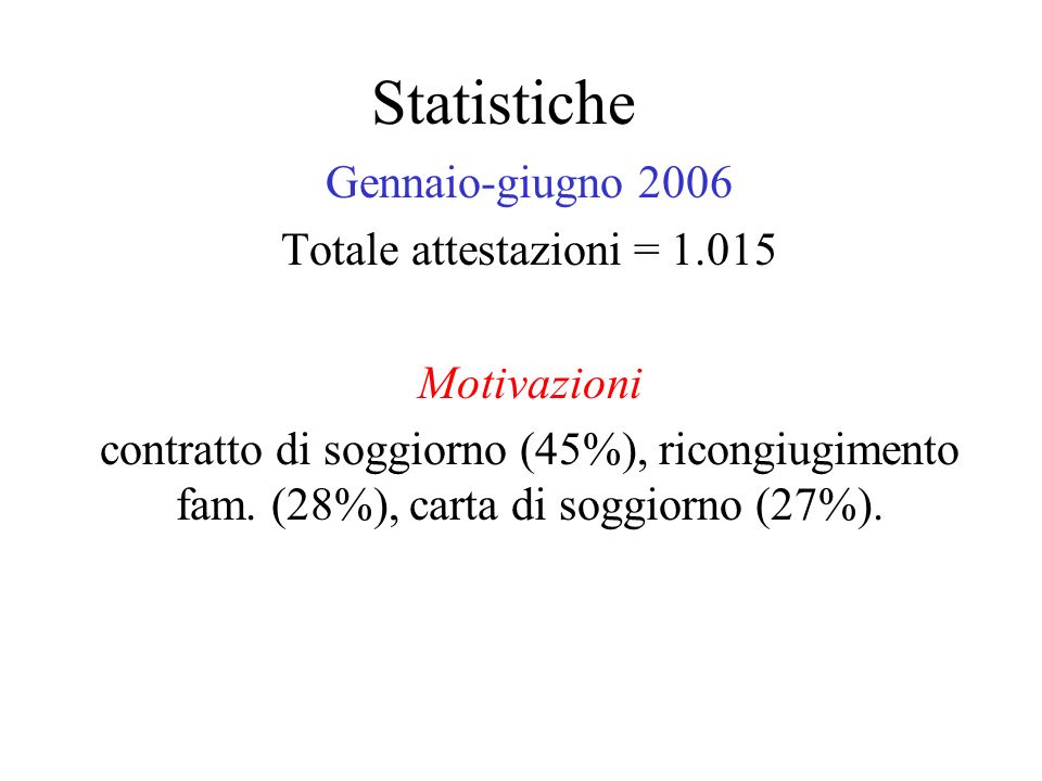 Statistiche Gennaio-giugno 2006 Totale attestazioni = 1.015