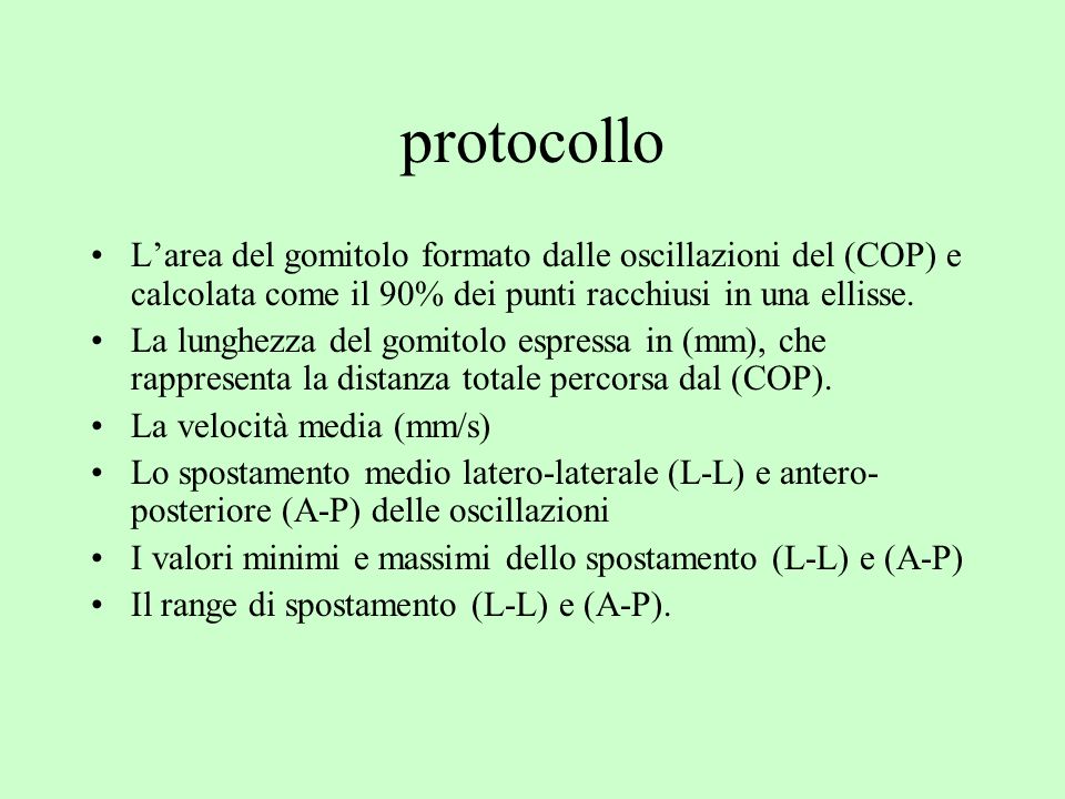 protocollo L’area del gomitolo formato dalle oscillazioni del (COP) e calcolata come il 90% dei punti racchiusi in una ellisse.