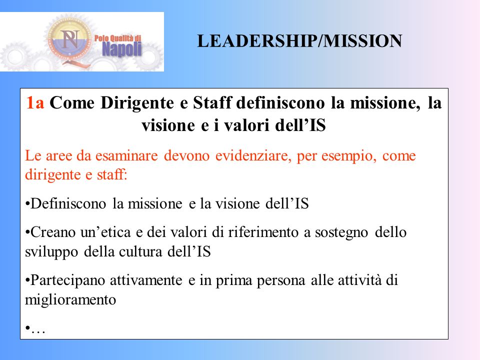 LEADERSHIP/MISSION 1a Come Dirigente e Staff definiscono la missione, la visione e i valori dell’IS.