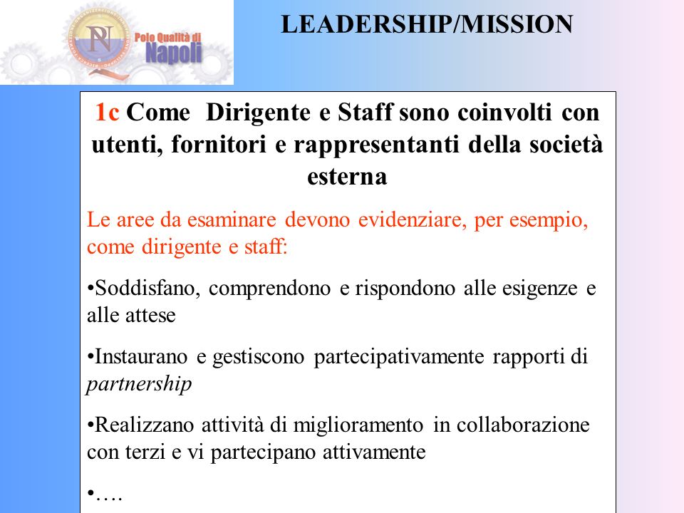 LEADERSHIP/MISSION 1c Come Dirigente e Staff sono coinvolti con utenti, fornitori e rappresentanti della società esterna.