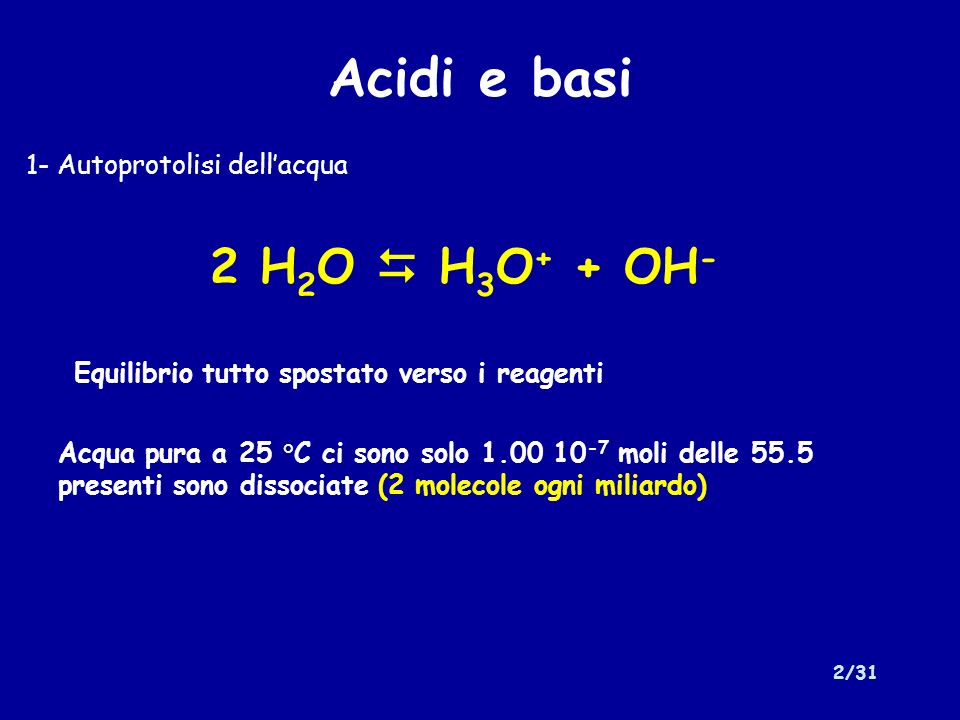 Acidi e basi 2 H2O  H3O+ + OH- 1- Autoprotolisi dell’acqua