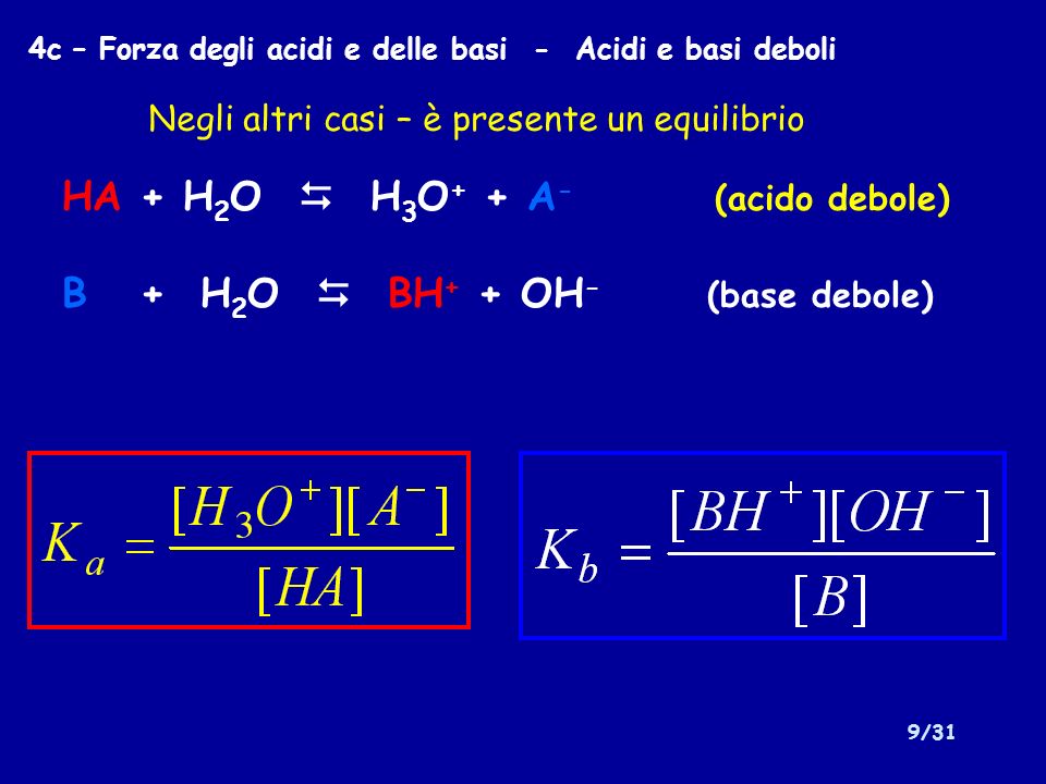 HA + H2O  H3O+ + A- (acido debole) B + H2O  BH+ + OH- (base debole)