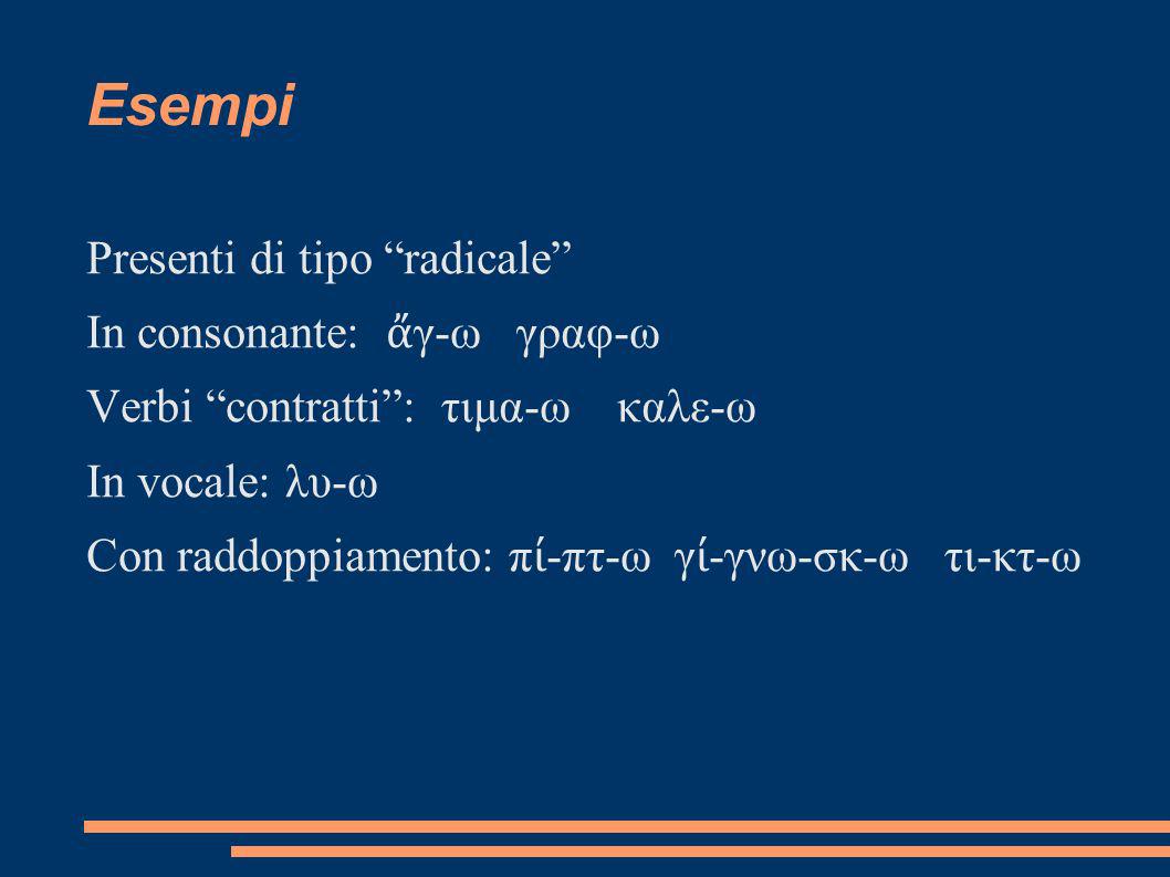Esempi Presenti di tipo radicale In consonante: ἄγ-ω γραφ-ω