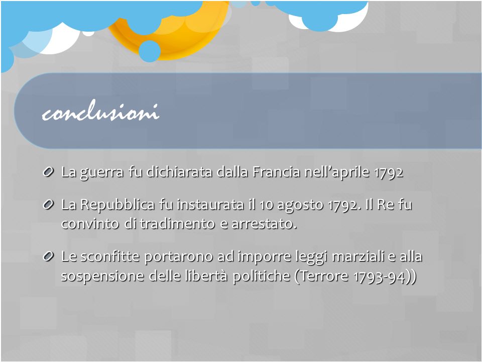 conclusioni La guerra fu dichiarata dalla Francia nell’aprile 1792