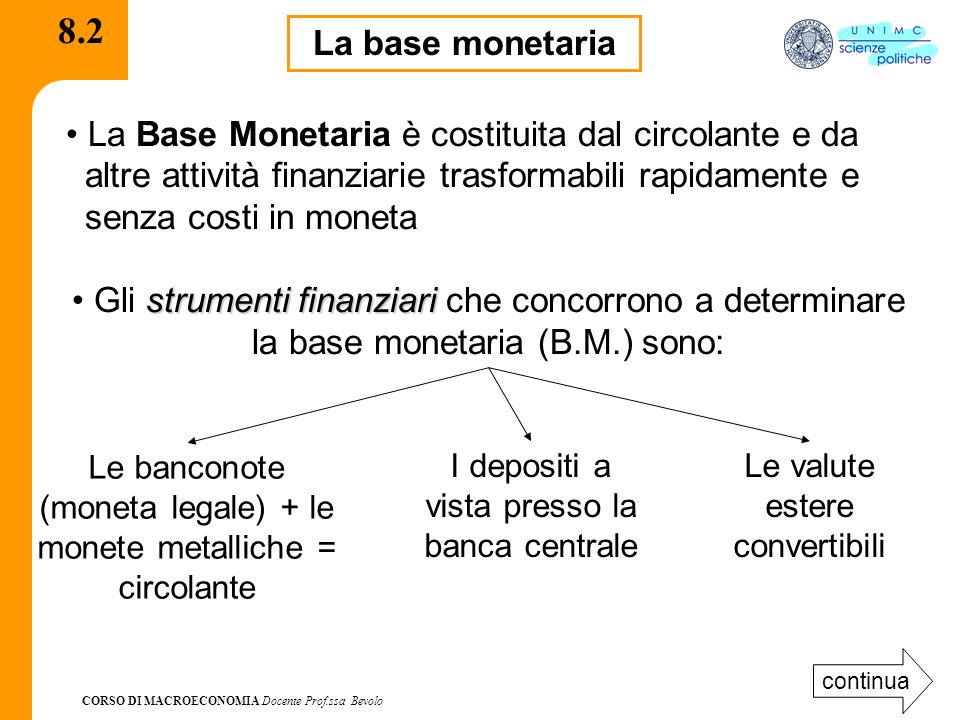 8.2 La base monetaria. La Base Monetaria è costituita dal circolante e da. altre attività finanziarie trasformabili rapidamente e.