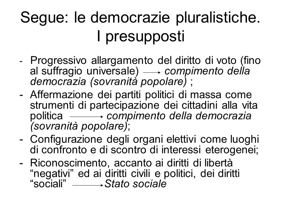 Segue: le democrazie pluralistiche. I presupposti