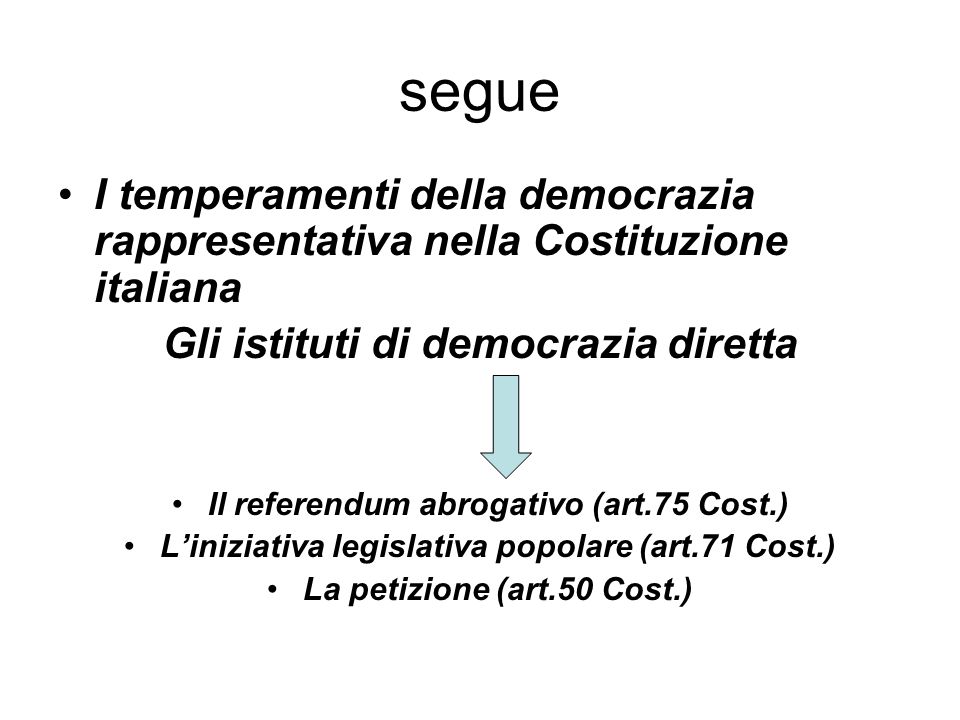 segue I temperamenti della democrazia rappresentativa nella Costituzione italiana. Gli istituti di democrazia diretta.