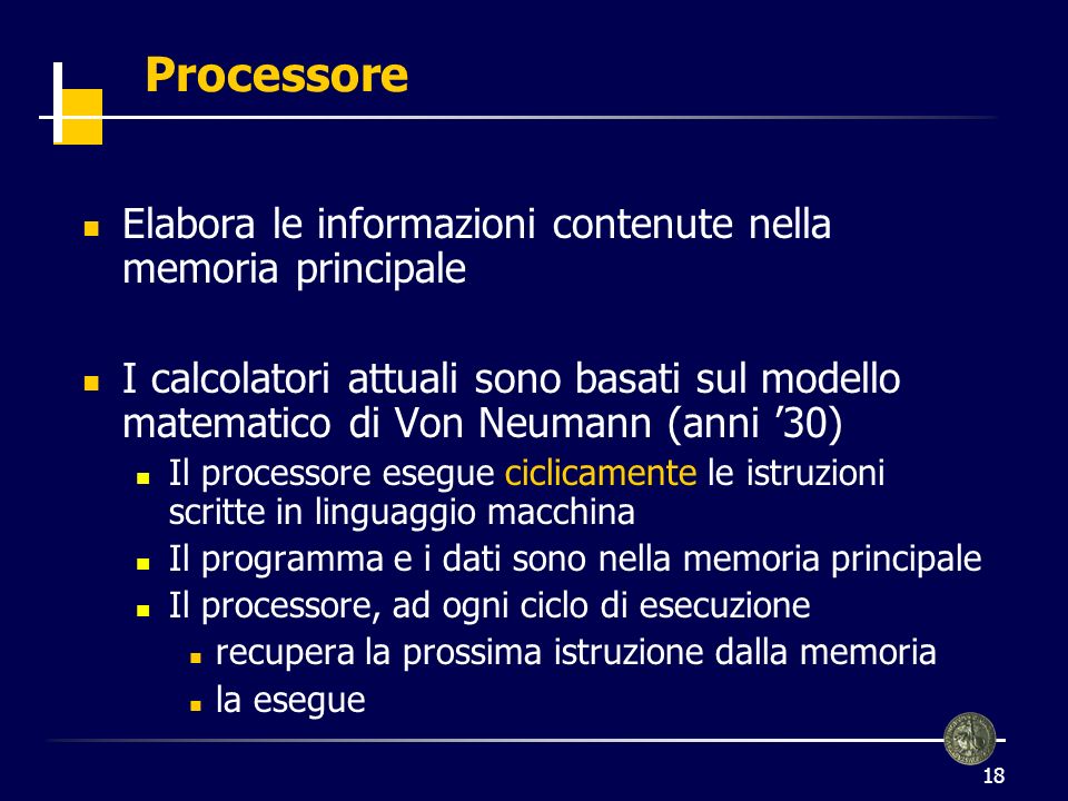Processore Elabora le informazioni contenute nella memoria principale