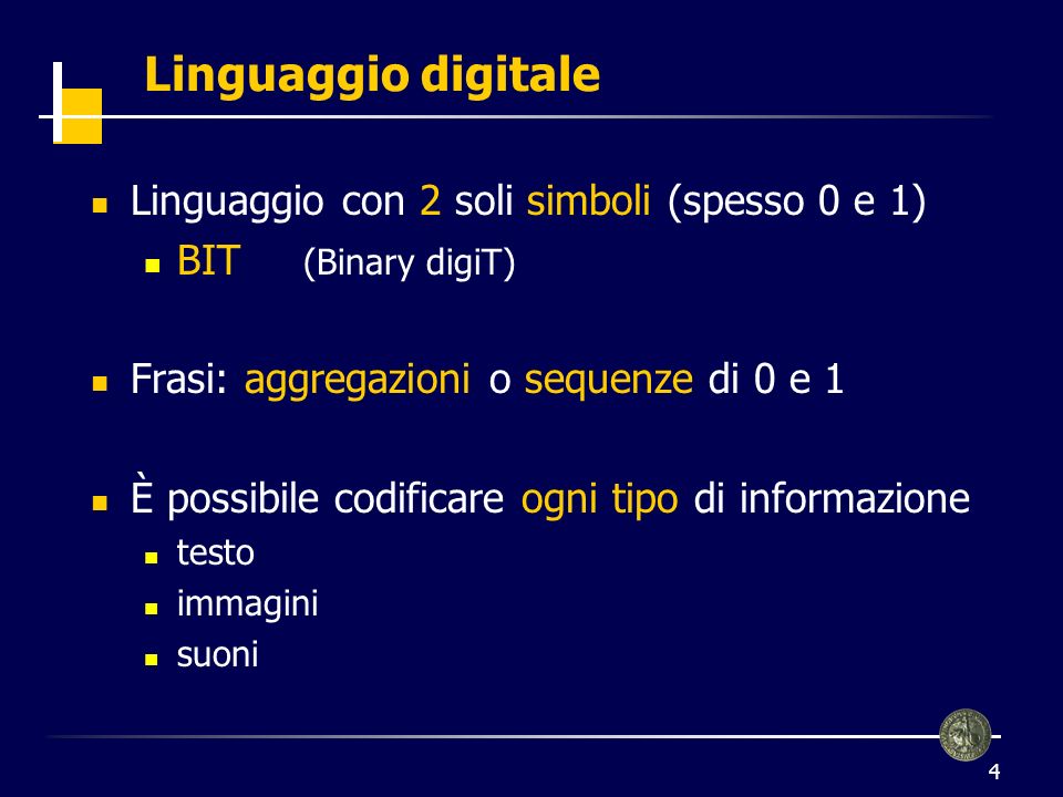 Linguaggio digitale Linguaggio con 2 soli simboli (spesso 0 e 1)