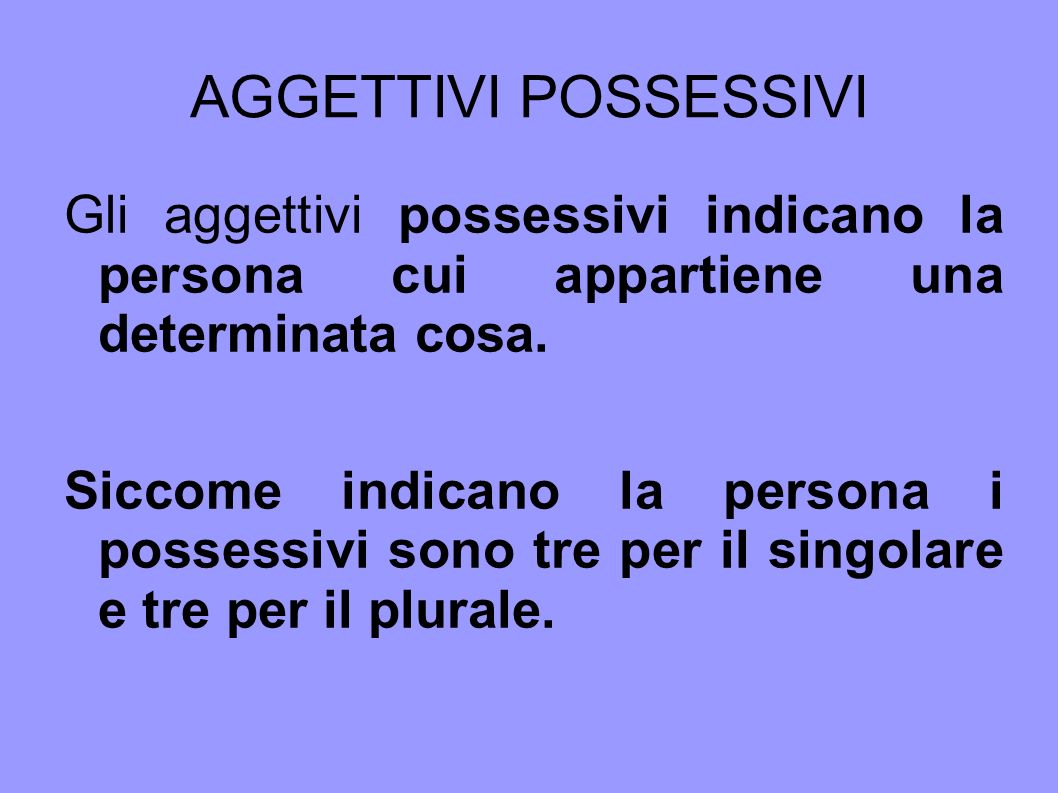 AGGETTIVI POSSESSIVI Gli aggettivi possessivi indicano la persona cui appartiene una determinata cosa.