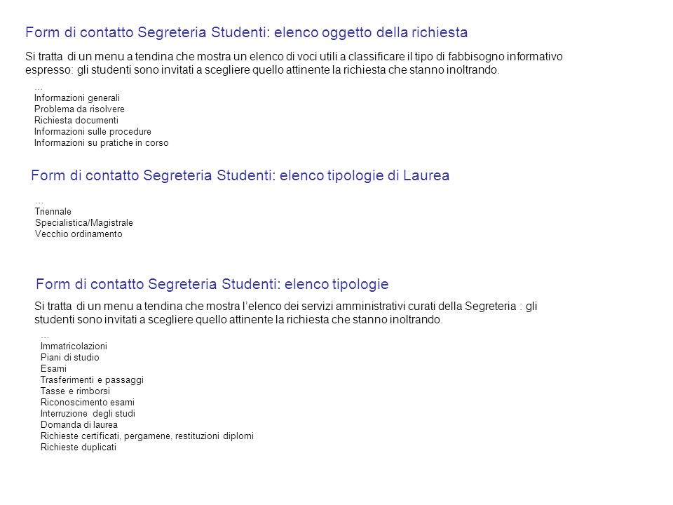 Form di contatto Segreteria Studenti: elenco oggetto della richiesta