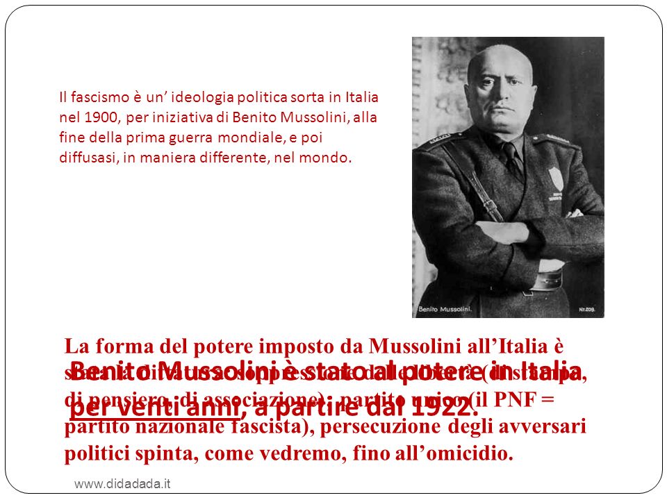 Il fascismo è un’ ideologia politica sorta in Italia nel 1900, per iniziativa di Benito Mussolini, alla fine della prima guerra mondiale, e poi diffusasi, in maniera differente, nel mondo.