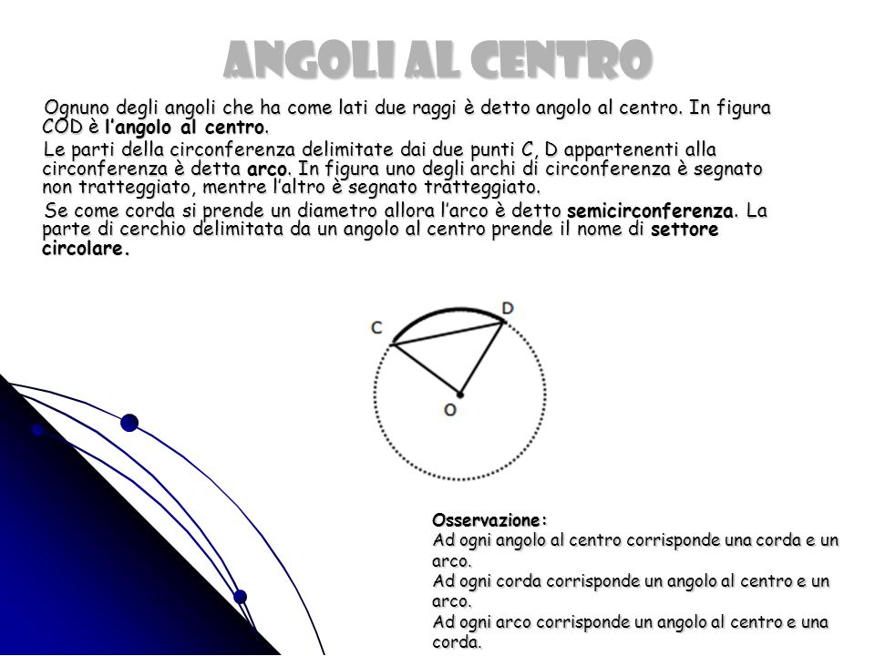 ANGOLI AL CENTRO Ognuno degli angoli che ha come lati due raggi è detto angolo al centro. In figura COD è l’angolo al centro.