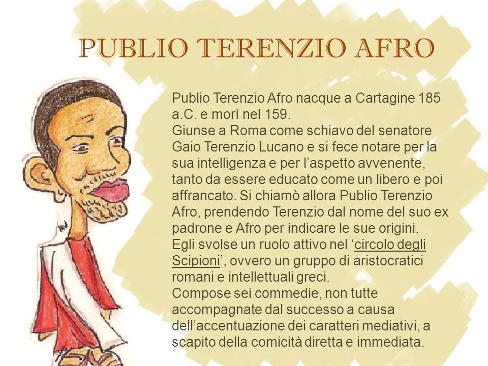 PUBLIO TERENZIO AFRO Publio Terenzio Afro nacque a Cartagine 185 a.C. e morì nel 159.