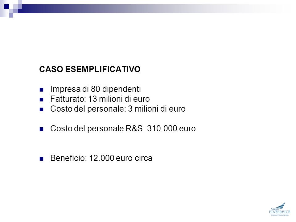 CASO ESEMPLIFICATIVO Impresa di 80 dipendenti. Fatturato: 13 milioni di euro. Costo del personale: 3 milioni di euro.