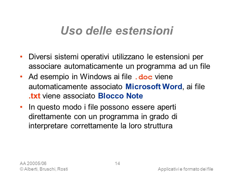 Uso delle estensioni Diversi sistemi operativi utilizzano le estensioni per associare automaticamente un programma ad un file.