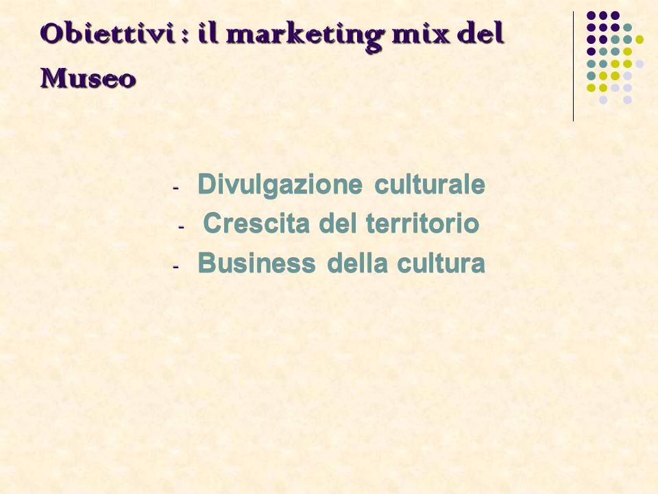 Obiettivi : il marketing mix del Museo