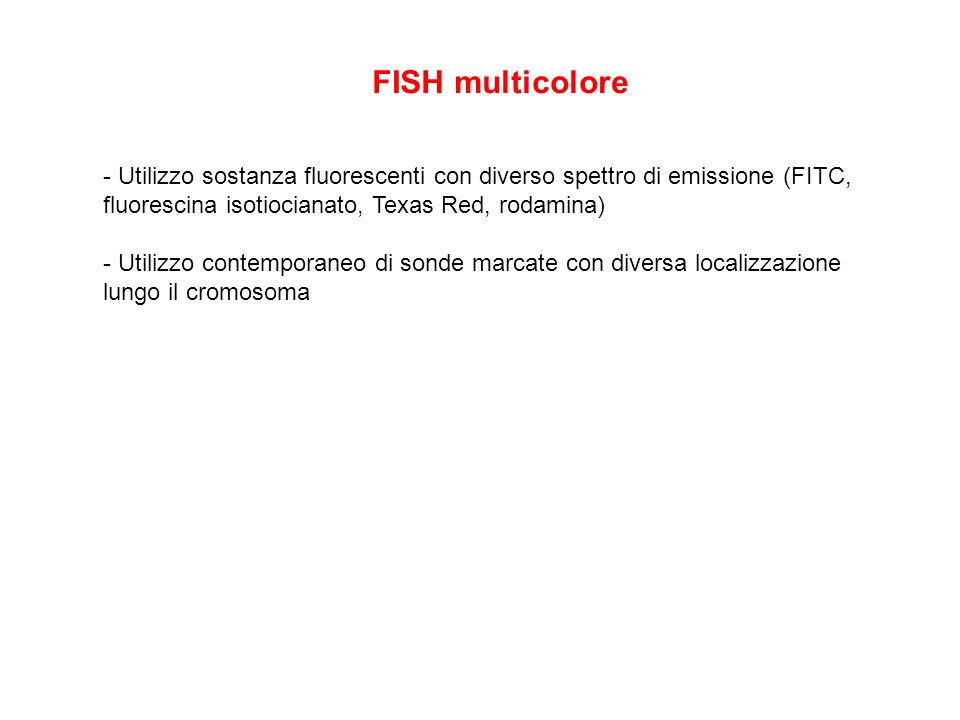 FISH multicolore - Utilizzo sostanza fluorescenti con diverso spettro di emissione (FITC, fluorescina isotiocianato, Texas Red, rodamina)