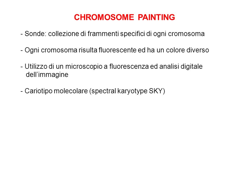 CHROMOSOME PAINTING - Sonde: collezione di frammenti specifici di ogni cromosoma. - Ogni cromosoma risulta fluorescente ed ha un colore diverso.
