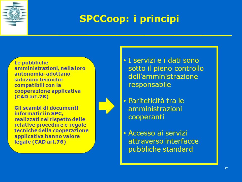 SPCCoop: i principi I servizi e i dati sono sotto il pieno controllo dell’amministrazione responsabile.