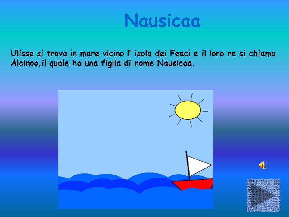 Nausicaa Ulisse si trova in mare vicino l’ isola dei Feaci e il loro re si chiama Alcinoo,il quale ha una figlia di nome Nausicaa.